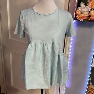 Women’s Zara Light Blue Baby Doll Tee Shirt Sz S Short Sleeve Knit Top